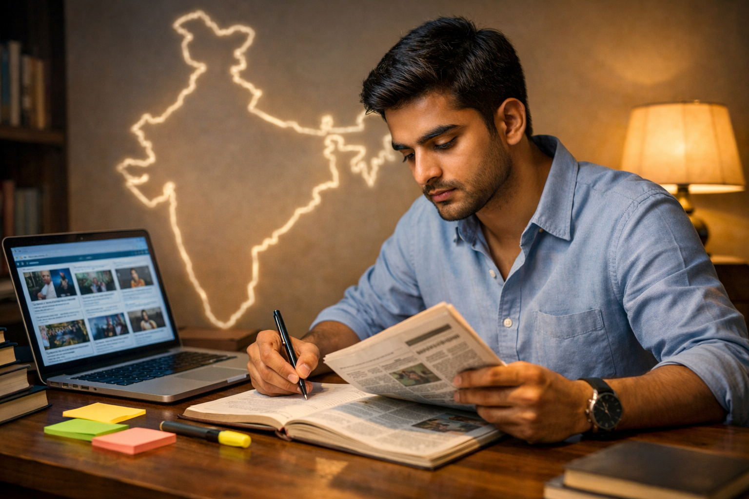 UPSC aspirant studying at desk writing daily reflection notes showing the importance of a UPSC preparation habit