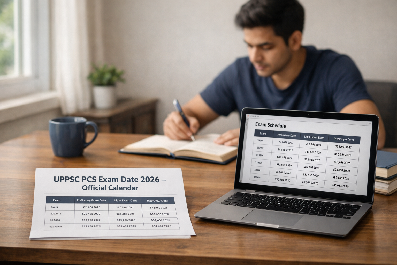 UPPSC Calendar 2026 document on study desk with Indian aspirant preparing for PCS exam