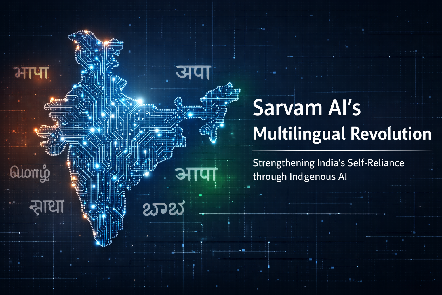 Digital AI-powered map of India with multilingual scripts and the heading “Sarvam AI’s Multilingual Revolution: Strengthening India’s Self-Reliance through Indigenous AI”