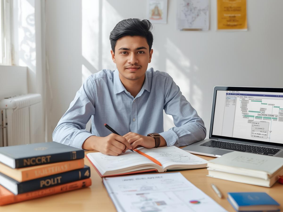 Focused Indian civil services aspirant studying with organized notes and limited books as part of smart UPSC Preparation strategy