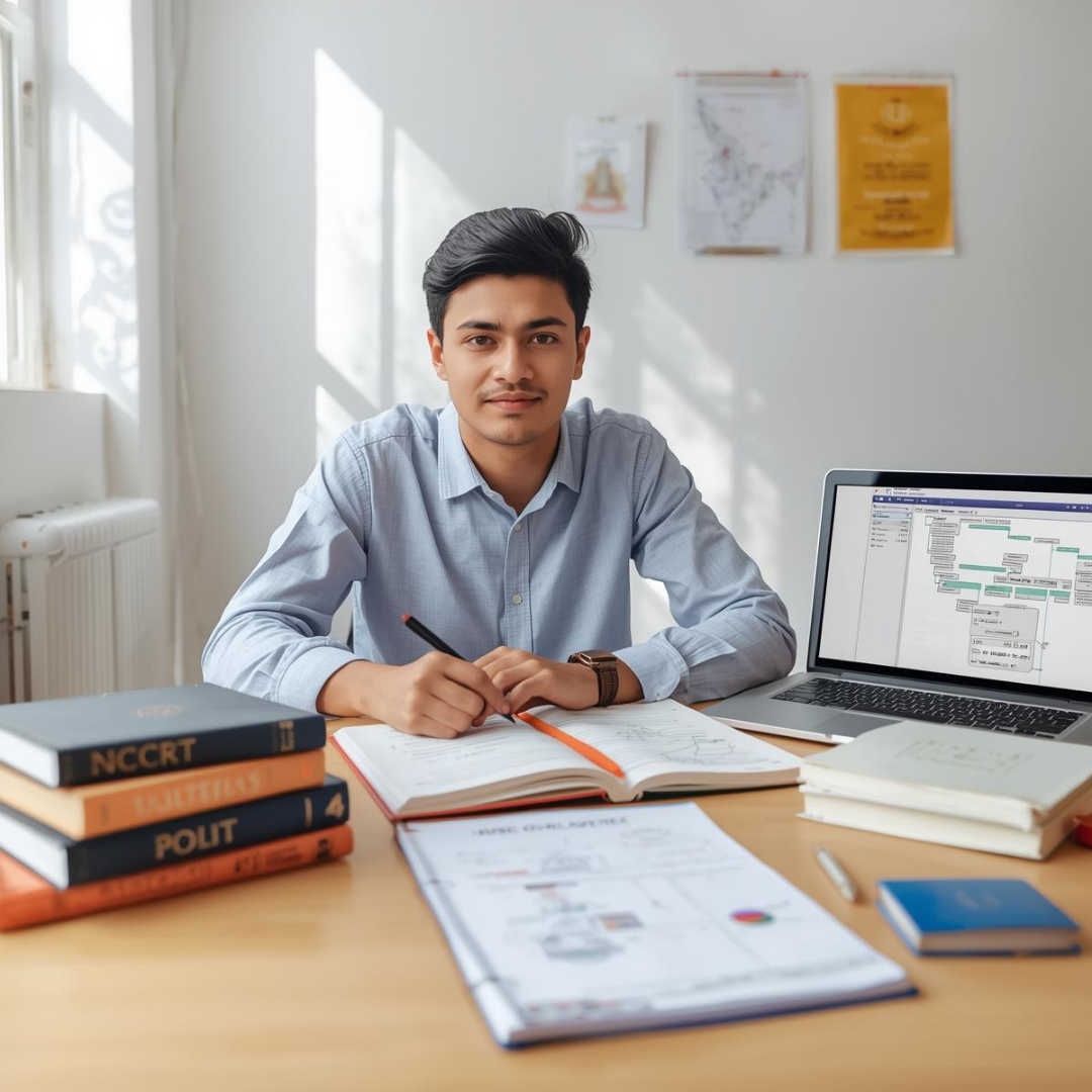 Focused Indian civil services aspirant studying with organized notes and limited books as part of smart UPSC Preparation strategy