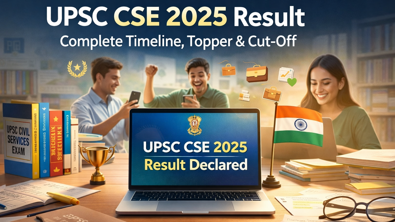 UPSC CSE 2025 result announcement blog banner showing aspirants checking results on laptop and phone with UPSC preparation books on desk.