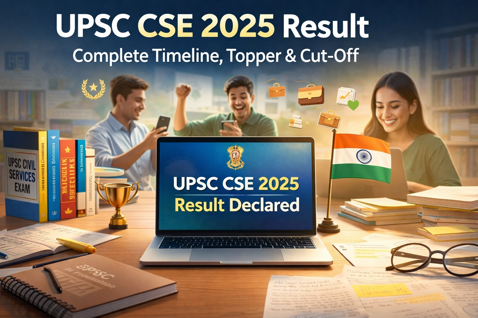 UPSC CSE 2025 result announcement blog banner showing aspirants checking results on laptop and phone with UPSC preparation books on desk.
