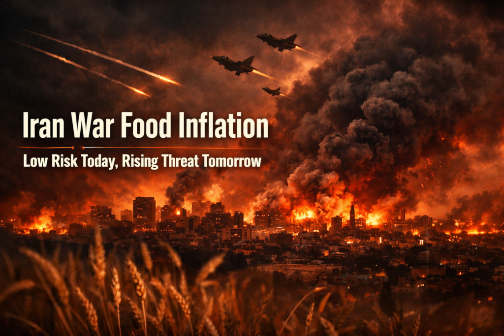 Iran War Food Inflation impact shown with war scene and agricultural field representing rising risk