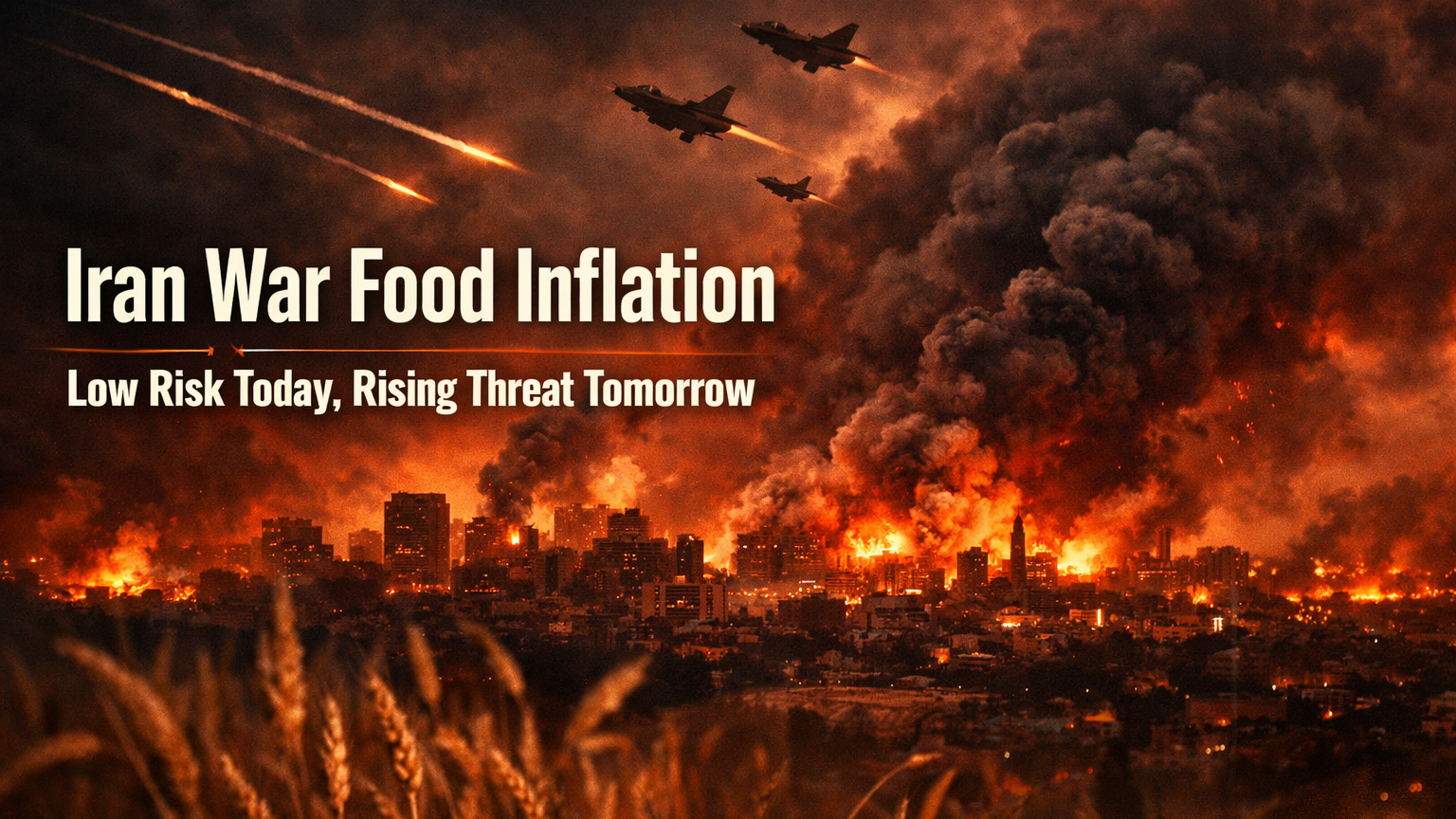 Iran War Food Inflation impact shown with war scene and agricultural field representing rising risk
