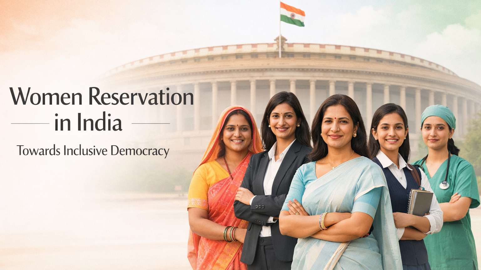 Women Reservation in India showing empowered women leaders in front of Parliament building