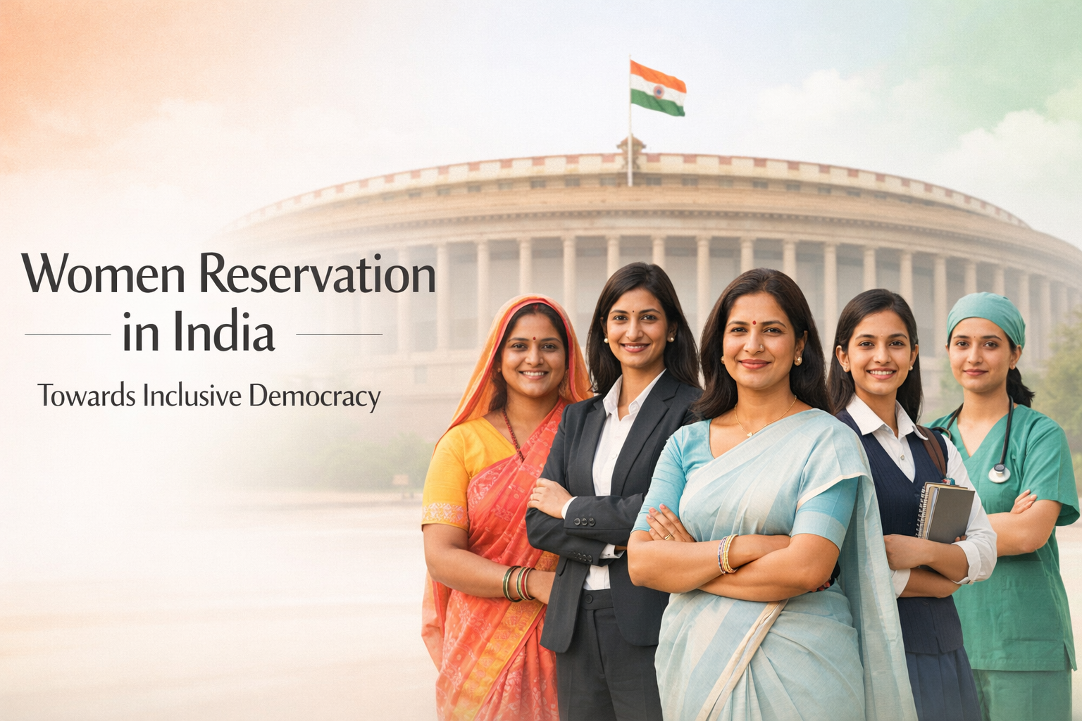 Women Reservation in India showing empowered women leaders in front of Parliament building
