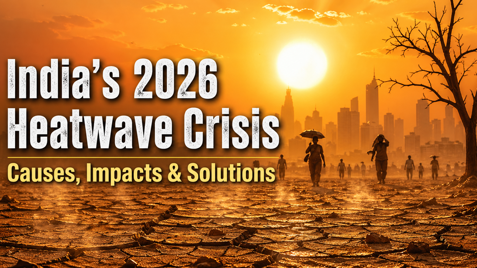 Hyper-realistic image of India’s 2026 heatwave crisis showing cracked dry land, intense blazing sun, hazy city skyline, and a wilted tree symbolizing extreme heat, climate change impacts, and environmental stress.