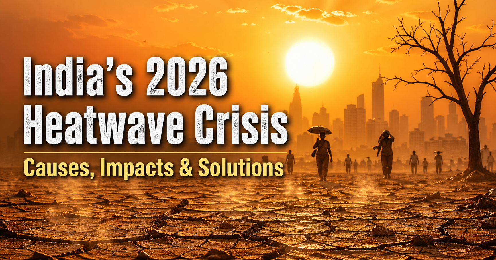 Hyper-realistic image of India’s 2026 heatwave crisis showing cracked dry land, intense blazing sun, hazy city skyline, and a wilted tree symbolizing extreme heat, climate change impacts, and environmental stress.