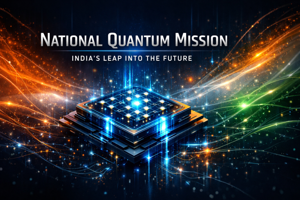 National Quantum Mission concept image with glowing quantum chip and digital network in Indian tricolor theme
