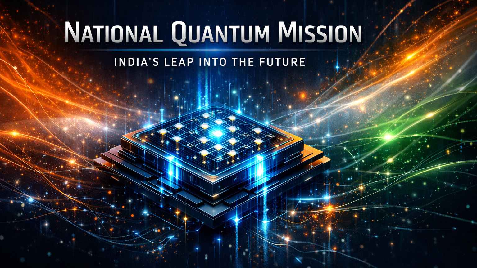 National Quantum Mission concept image with glowing quantum chip and digital network in Indian tricolor theme