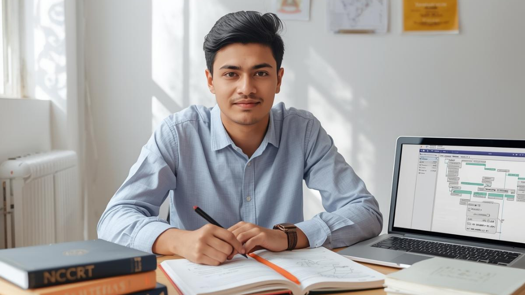 Focused Indian civil services aspirant studying with organized notes and limited books as part of smart UPSC Preparation strategy