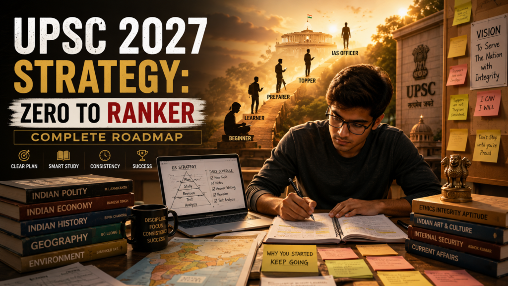 UPSC 2027 Strategy roadmap showing a determined IAS aspirant studying with books, notes, and laptop, symbolizing the journey from beginner to UPSC ranker.