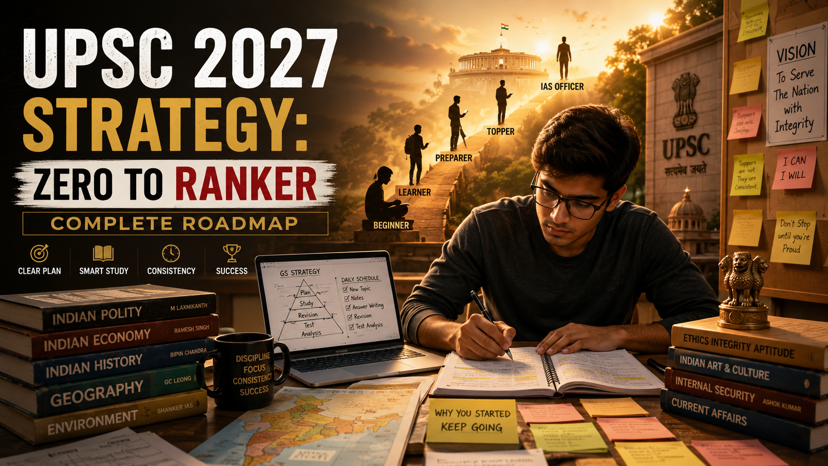 UPSC 2027 Strategy roadmap showing a determined IAS aspirant studying with books, notes, and laptop, symbolizing the journey from beginner to UPSC ranker.