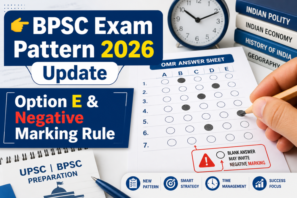 Student filling OMR sheet with Option E highlighted under BPSC Exam Pattern 2026 Update showing negative marking rule for blank answers