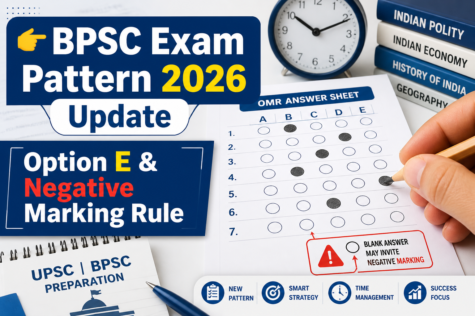 Student filling OMR sheet with Option E highlighted under BPSC Exam Pattern 2026 Update showing negative marking rule for blank answers